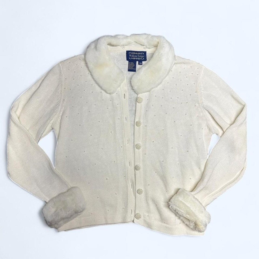 Vintage Willow Ridge Cardigan PM White Pearl Faux Fur Collar Cuffs Coquette